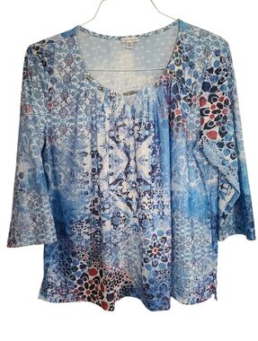 Rebecca Malone Blue White Mosaic Print Womens Top 3/4 Sleeve Size XL
